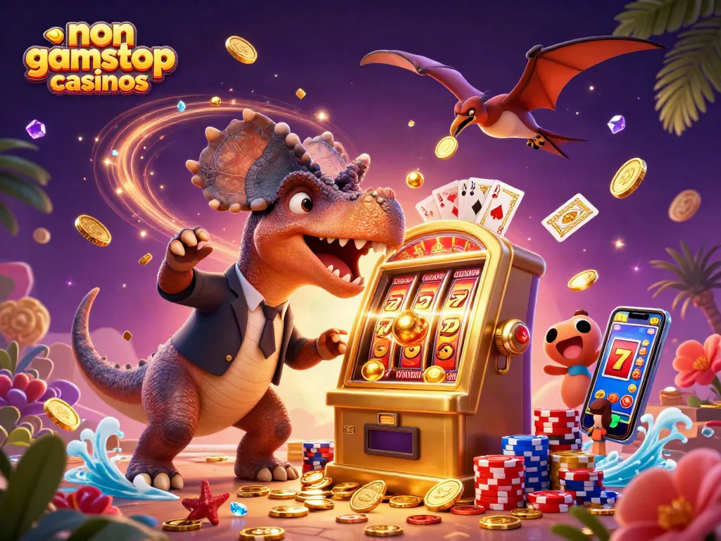 Exciting non gamstop casinos scene with characters engaging in a vibrant casino environment.
