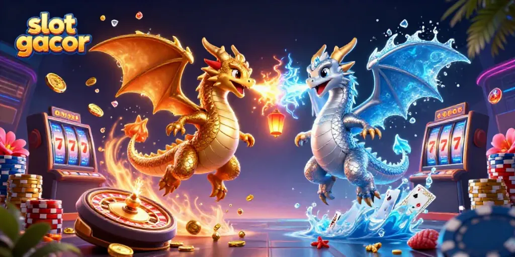 Engage in thrilling gameplay with slot gacor symbolized by gold and silver dragons amidst golden coins and slot reels