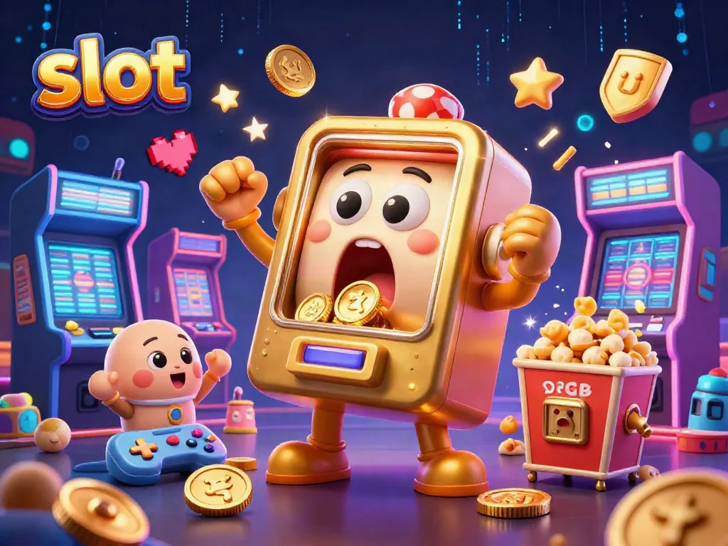 Slot mesin emas meraih jackpot dengan koin berhamburan, meriah di tengah mesin arcade lainnya