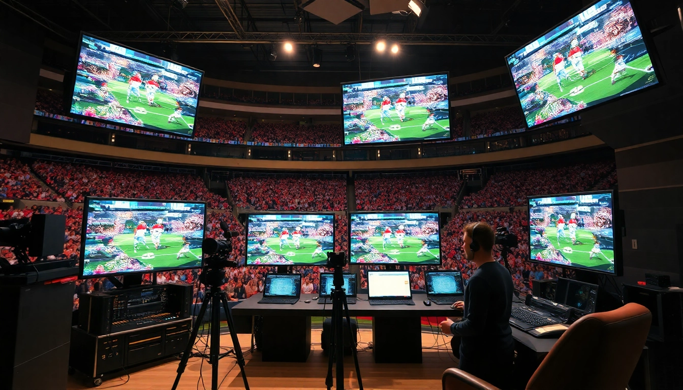 Engaging sports broadcasting studio with live game footage and enthusiastic fans.