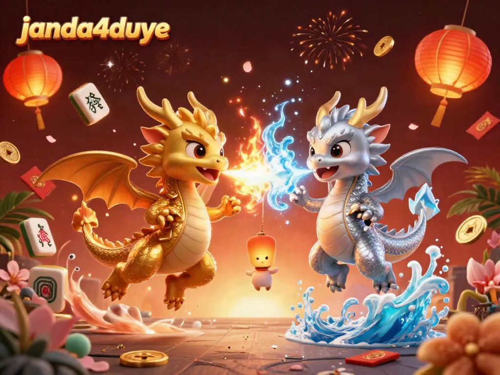 Menangkan pengalaman bermain di JANDA4DUYE dengan ilustrasi mencolok dari dua naga bertemakan kasino.