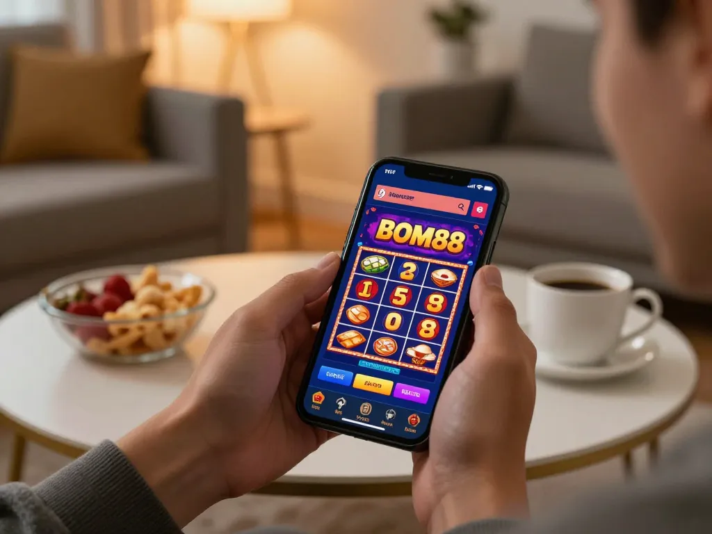 Aplikasi permainan mobile BOM88 sedang beraksi dengan seorang pemain yang menikmati permainan kasino secara bertanggung jawab di rumah.