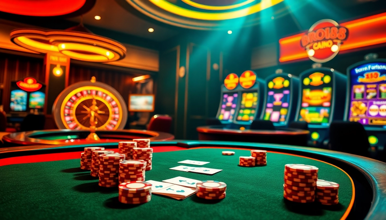 Experience excitement at casino table featuring bro138 login interface, vibrant chips and cards.