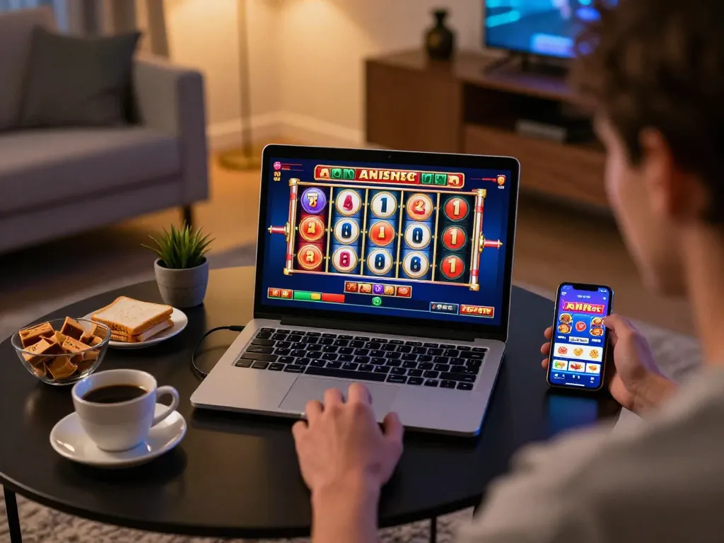 Engaging online player experiencing a thrilling slot game on their laptop at home while using 789P casino app.