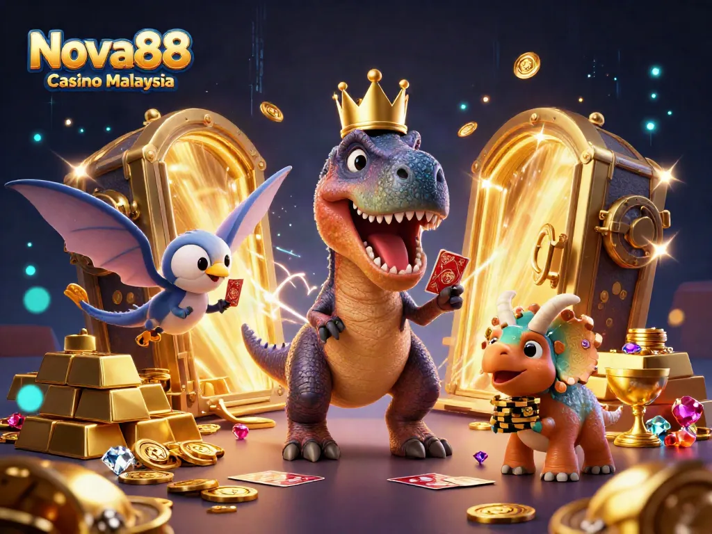 Experience the thrill of Nova88 Casino Malaysia with lively characters in a vibrant gaming scene.