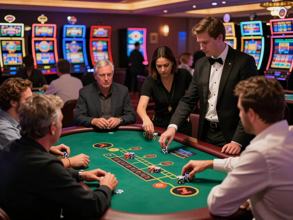 Casino players strategizing and placing bets at a vibrant blackjack table.