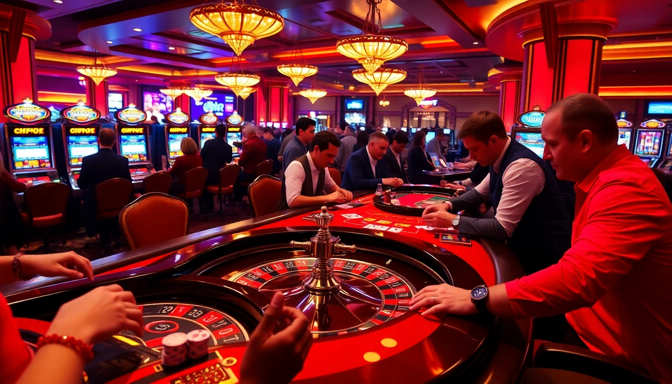 HITCLUB vibrant casino gaming scene with players at roulette table and flashing slot machines