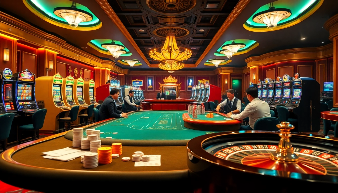 Kqxs lottery excitement with poker players, vibrant slot machines, and a luxury casino setting.