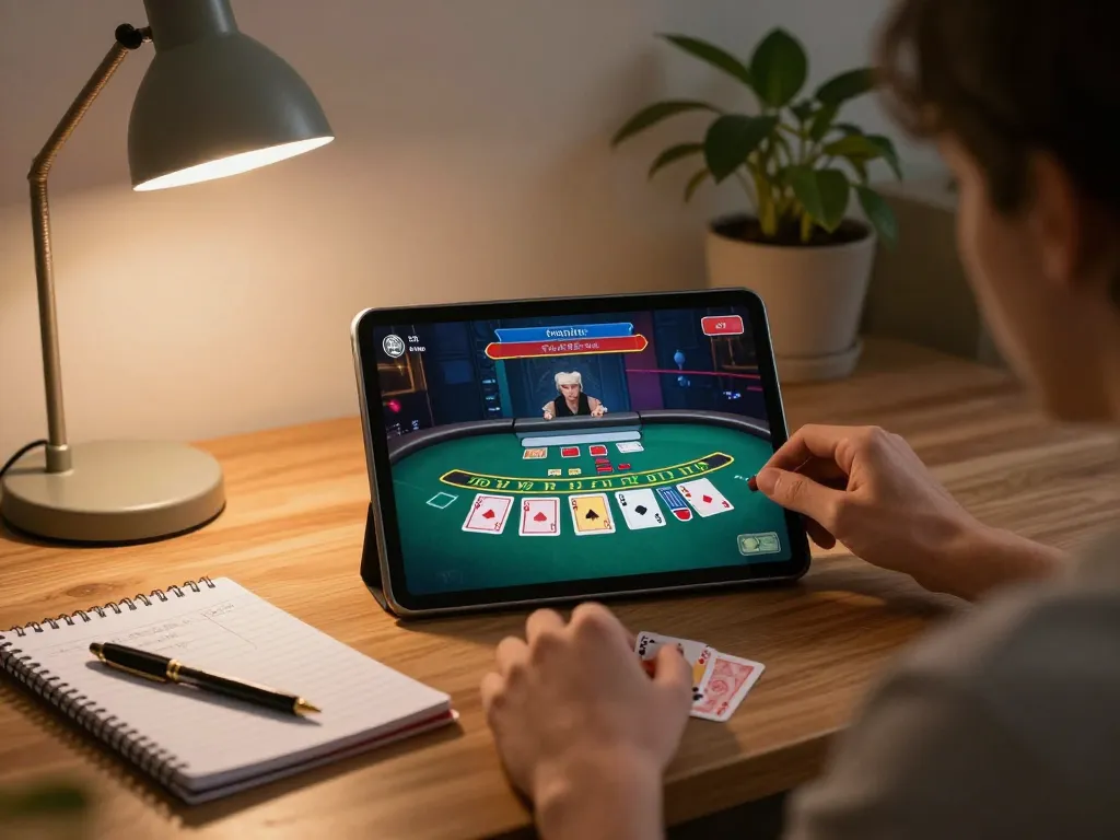 Engaging online blackjack gameplay on luck8 net tablet in a cozy home environment