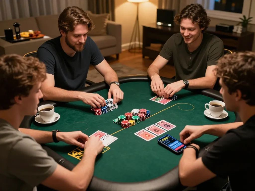 Players enjoying poker on SC88 app during a cozy game night, showcasing friendly competition and excitement.