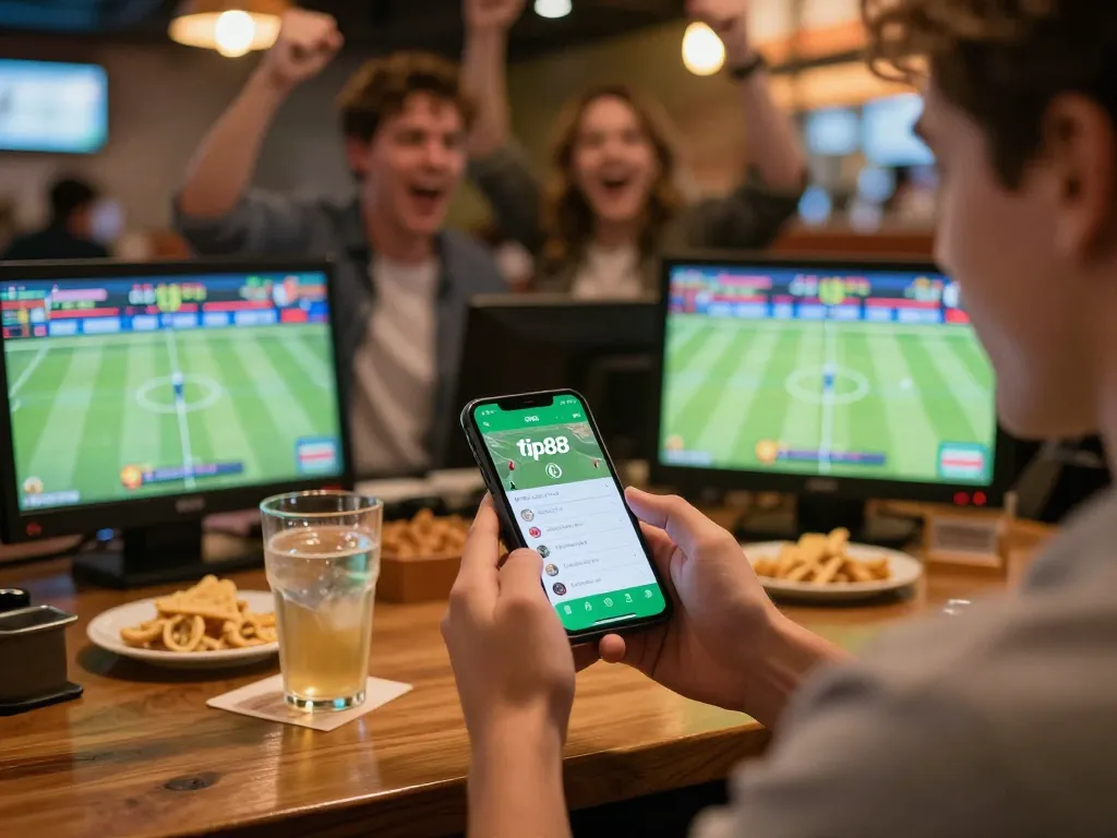 Engaged sports bettor using tip88 app on smartphone in a lively sports bar.