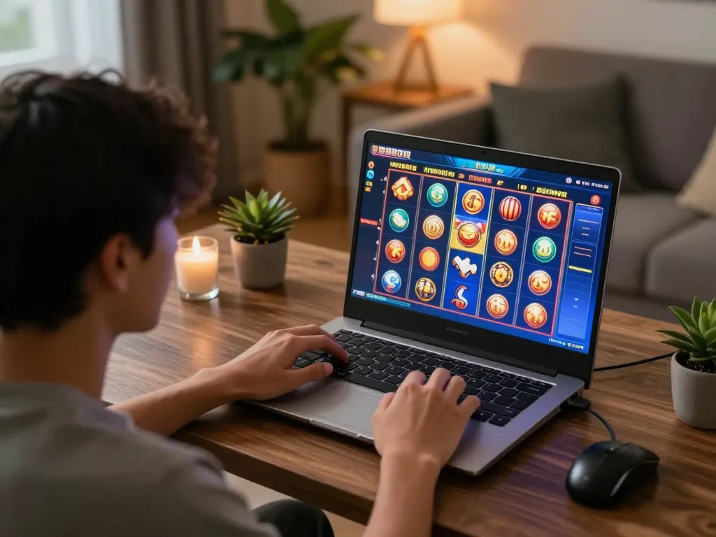 Engaging in a kdslot online gaming session on a sleek laptop at home, showcasing vibrant slot game interface.