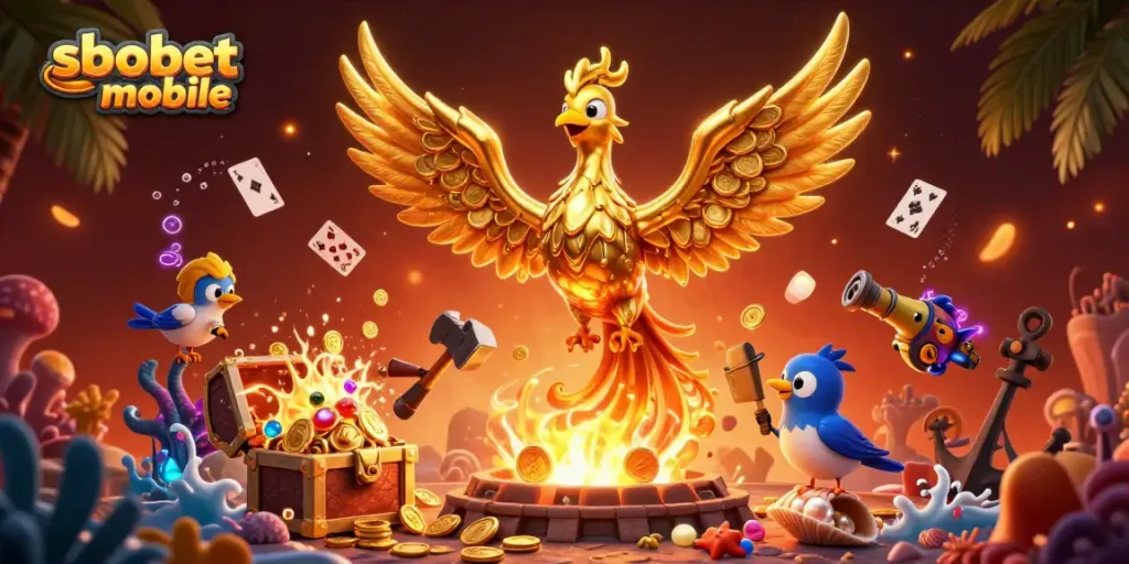 Experience sbobet mobile betting action with a striking golden phoenix, coins, and vibrant elements.