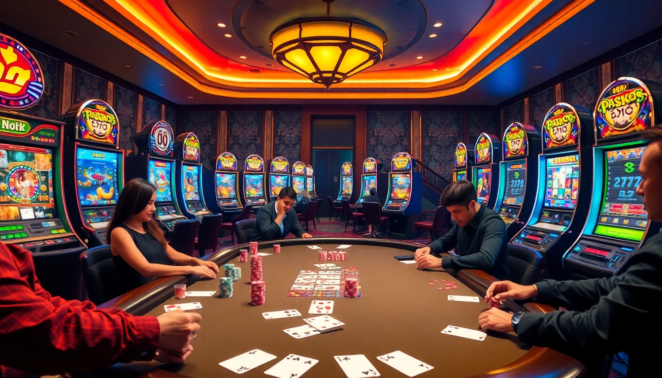 Experience the thrilling atmosphere of 23win, where players engage in high-stakes casino games with vibrant tables and slot machines.