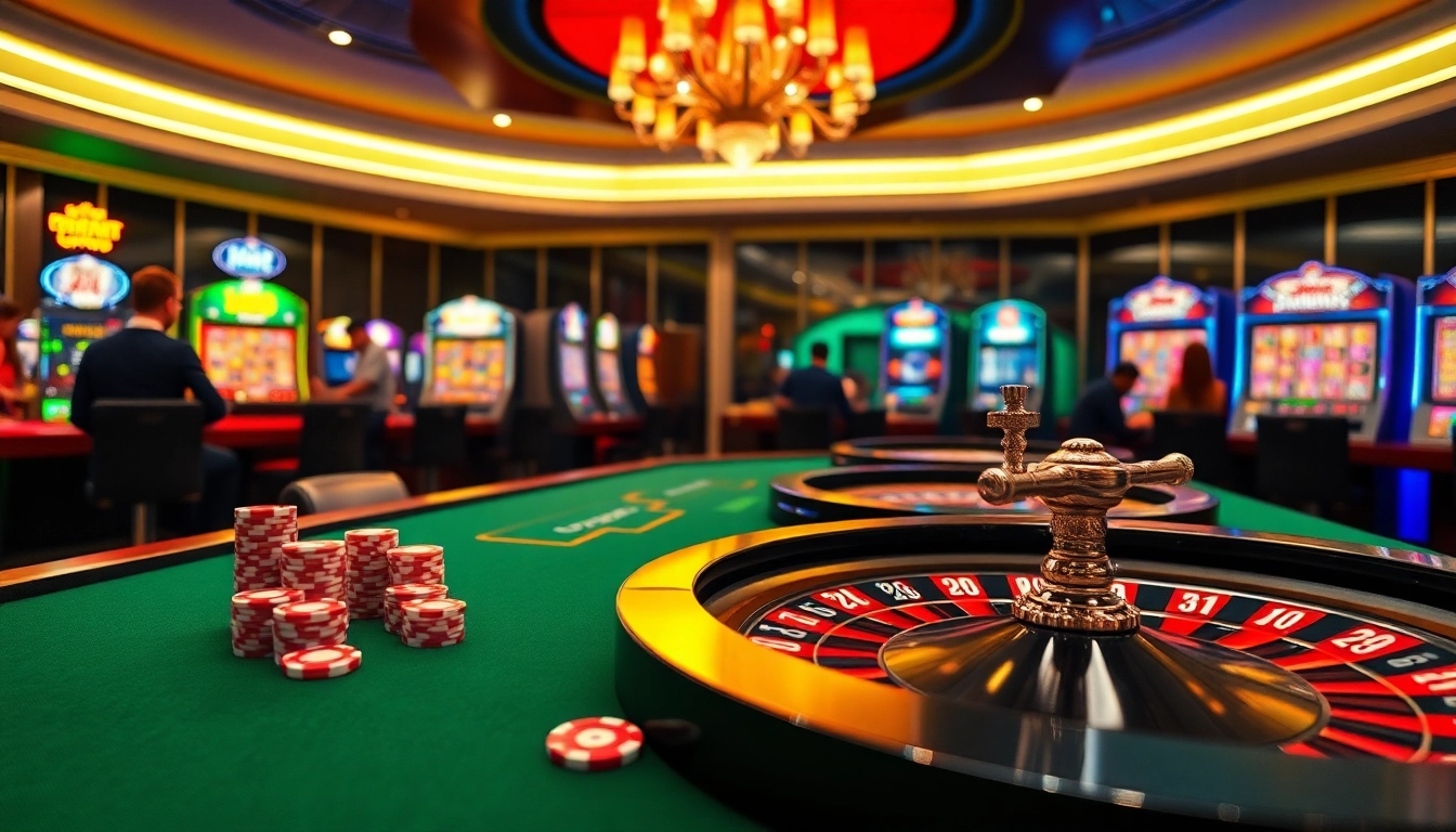 Experience the thrill of online gambling with OKFUN's vibrant casino scene featuring poker chips and roulette.