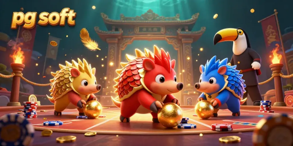 Gim PG Soft: Persaingan pangolin dalam arena kasino berkilau dengan koin emas.
