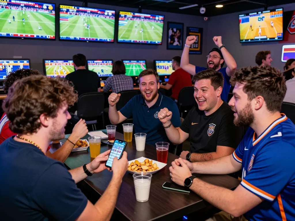 Sahabat bersorak saat memasang taruhan mix parley di sportsbook yang meriah