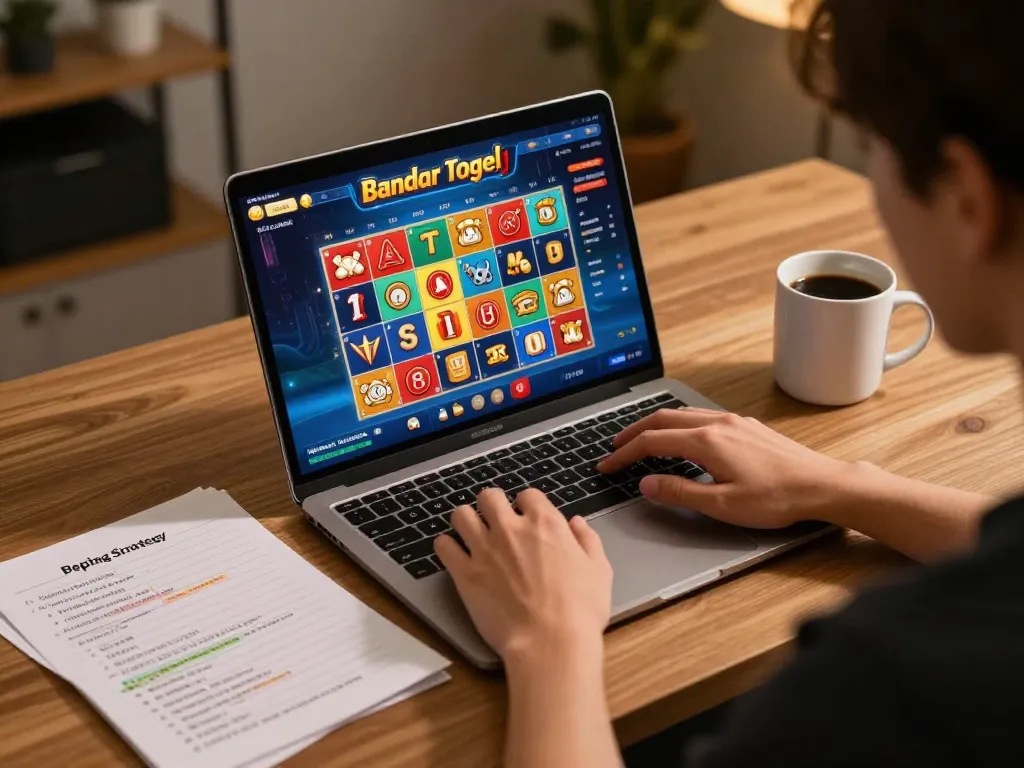 Engaged player participating in bandar togel online with vibrant game interface on laptop.