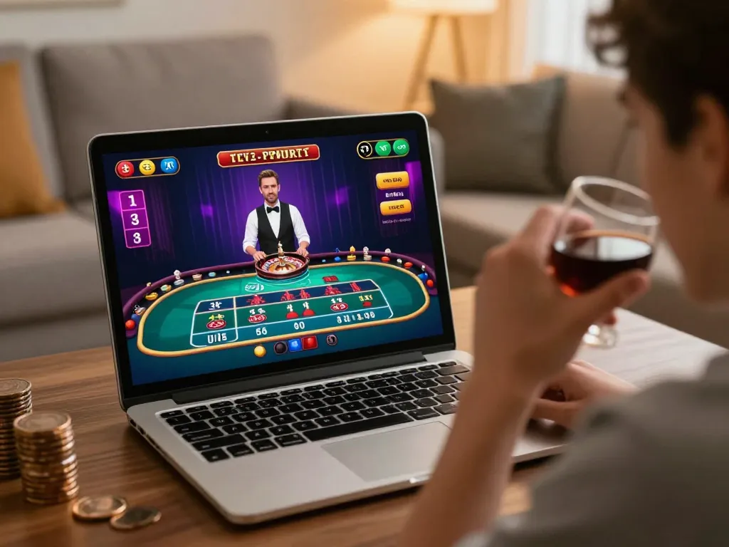 Online player đăng ký for live casino games in their cozy living room setup with a laptop and drink