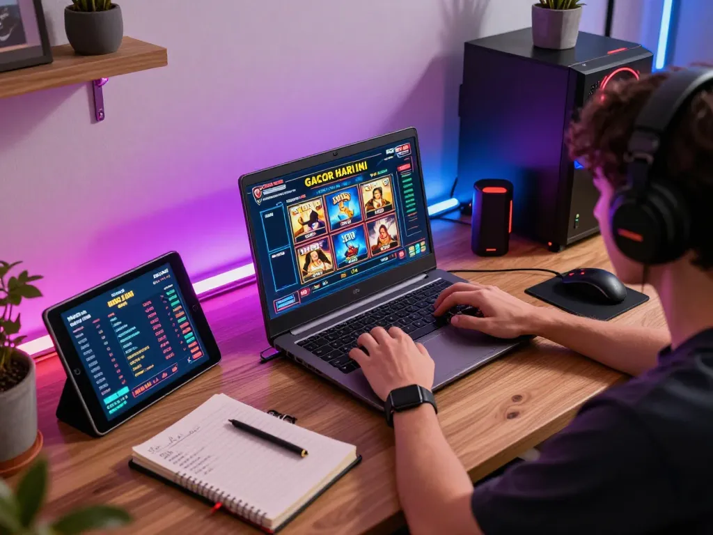 Player enjoying slot gacor hari ini online gaming session on laptop in vibrant home setup with notes and tablets