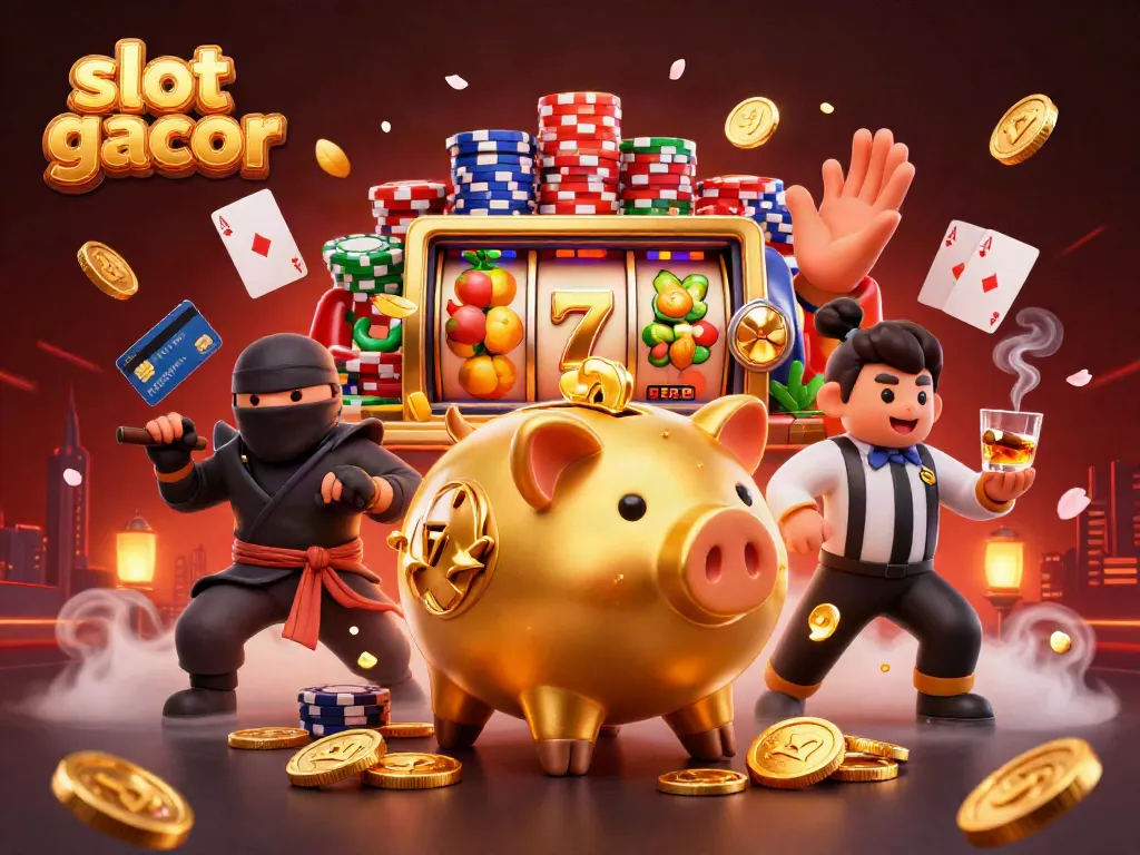 Menggambarkan slot gacor melalui ilustrasi 3D menyenangkan dari karakter judi yang berinteraksi di permainan slot.