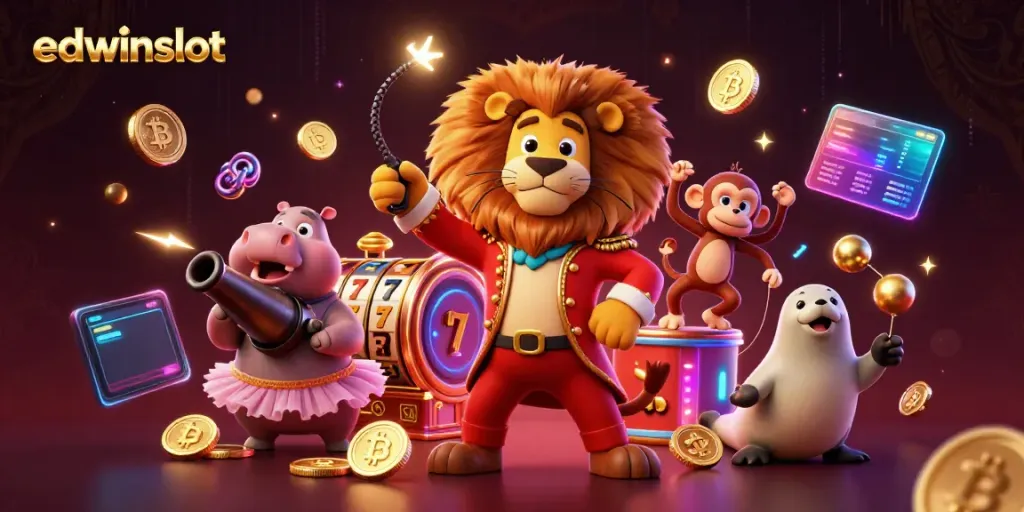 Experience the excitement of edwinslot with a vibrant 3D circus-themed casino illustration.