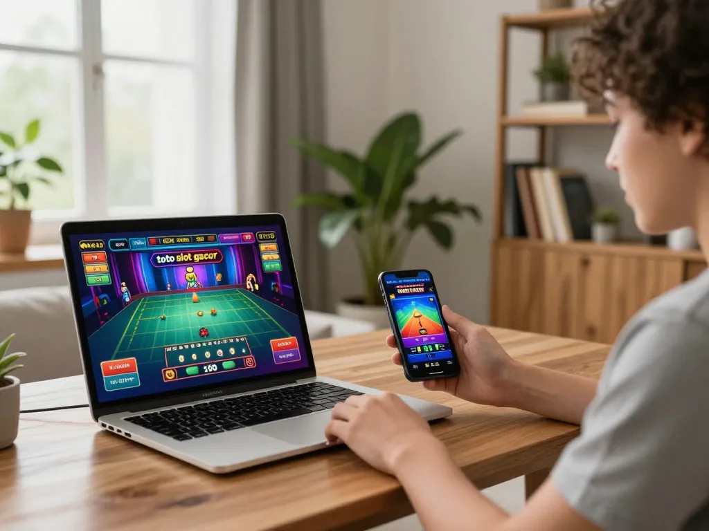 Permainan menarik pada toto slot gacor yang ditampilkan di laptop, menekankan kenyamanan di rumah dan kegembiraan judi online