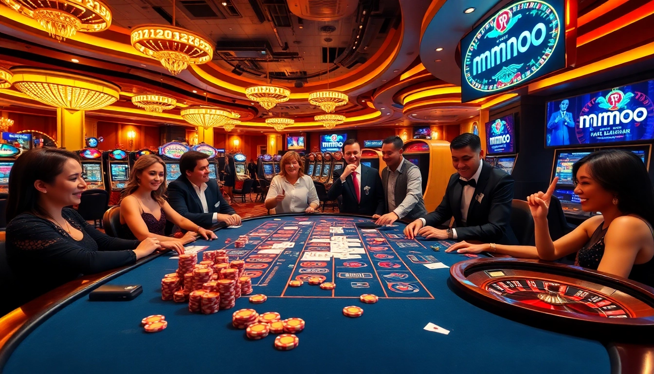 Mmoo players engage in thrill at a vibrant casino table filled with chips and cards.