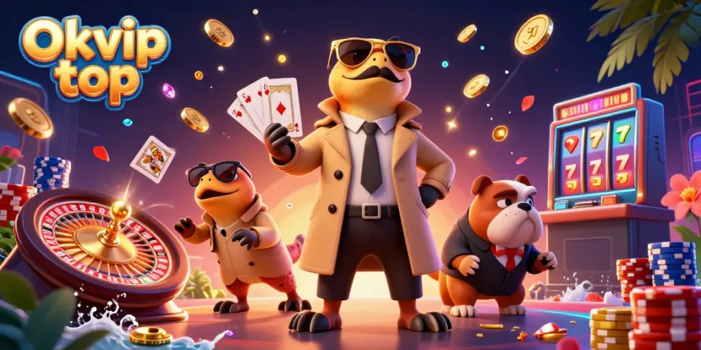 Experience thrilling gameplay with Okvip top in this vibrant 3D casino illustration