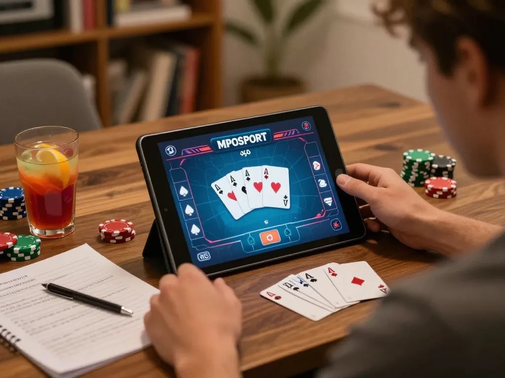 Player using MPOSPORT app on a tablet while strategizing poker moves in a cozy home setting.