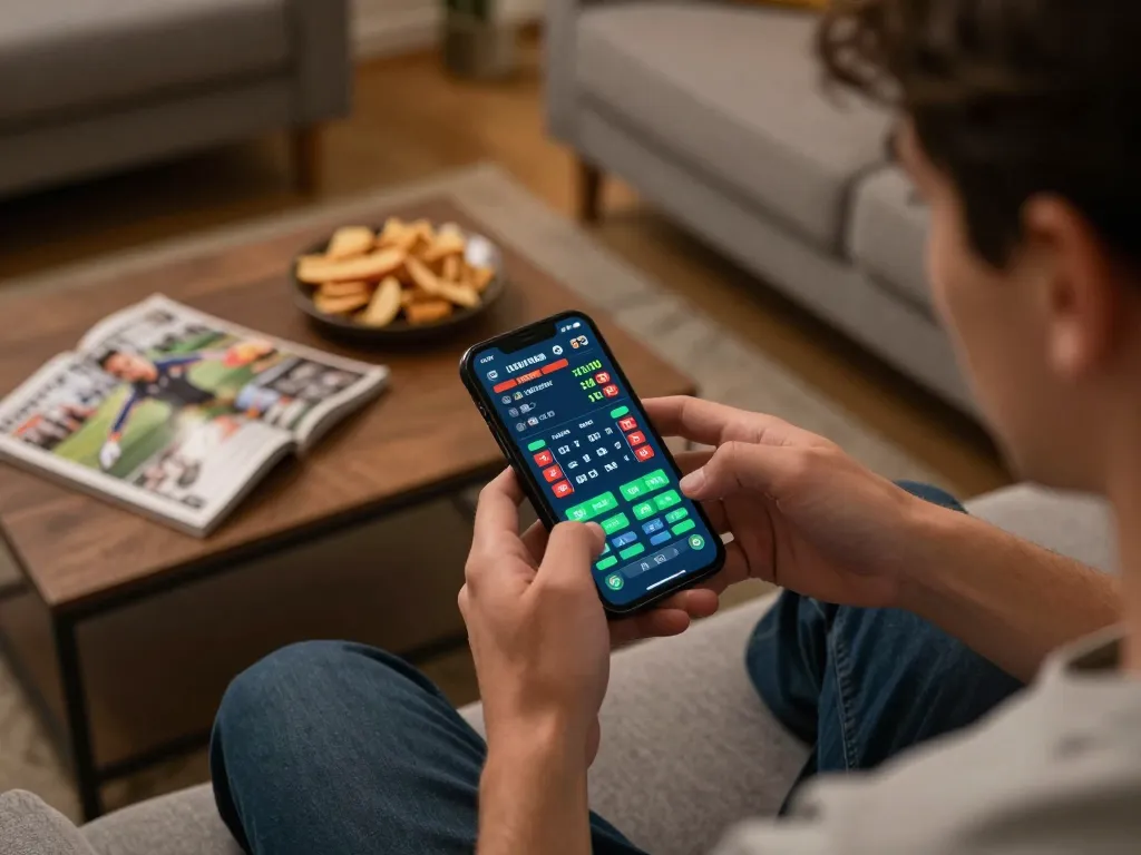 kkwwin player analyzing live sports odds on smartphone in a cozy home environment