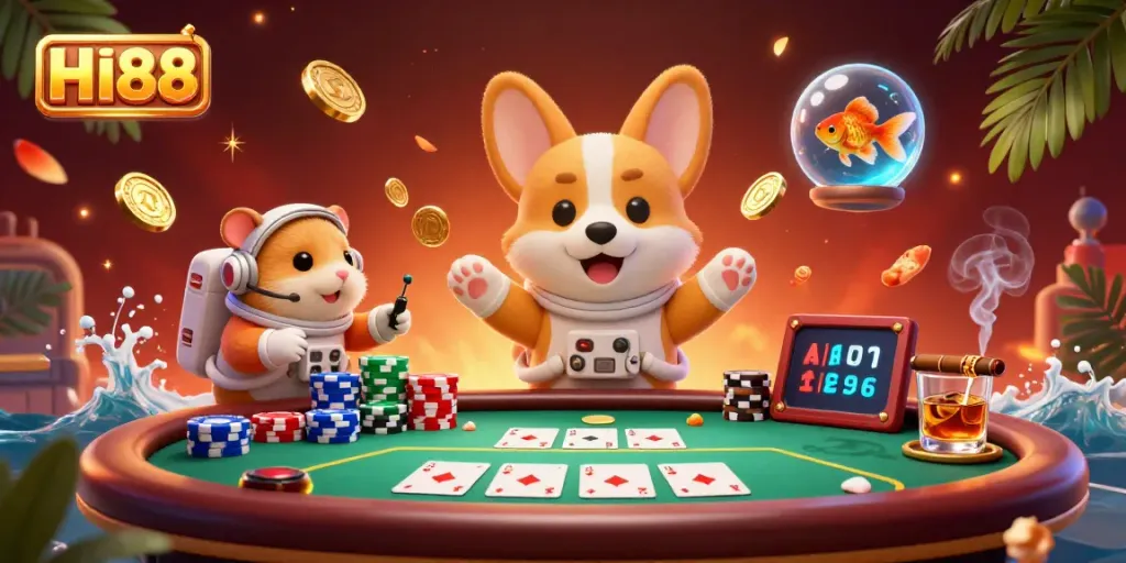 Experience exciting gameplay at HI88's vibrant casino with floating poker chips and whimsical characters.
