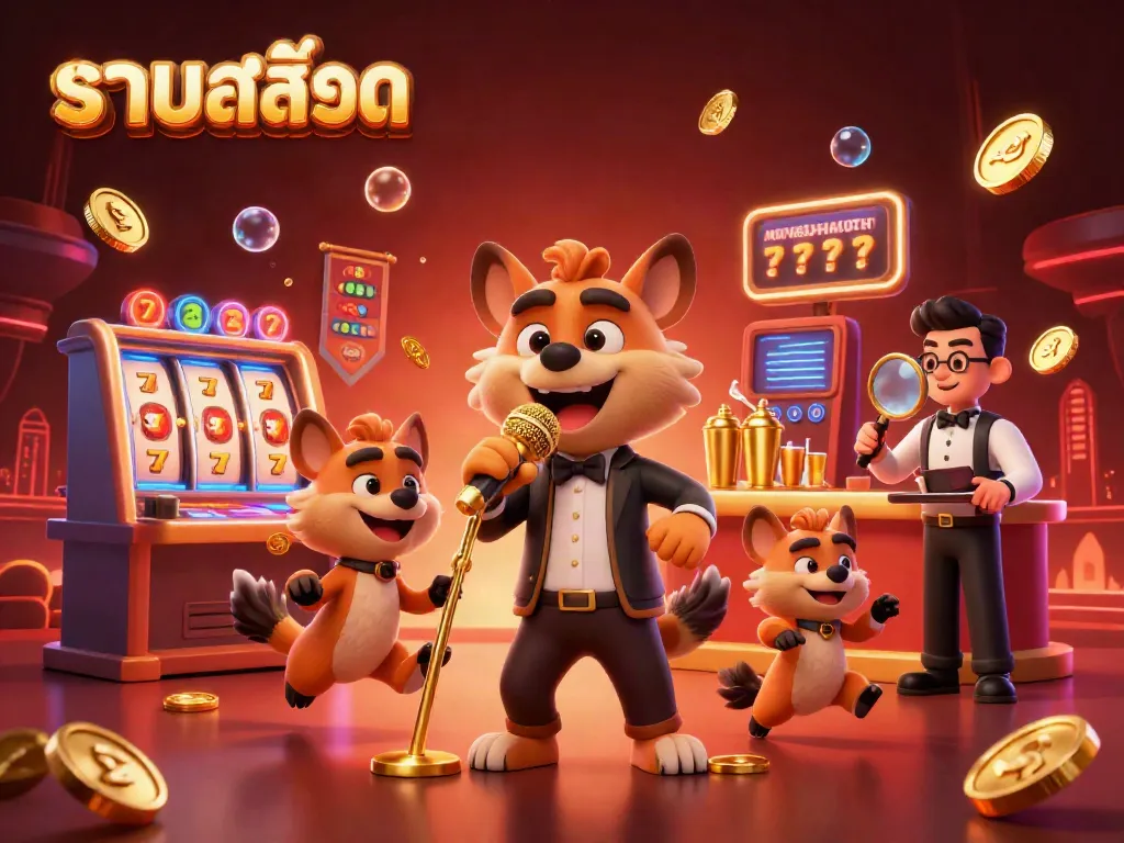 Experience the excitement of รวมสล็อต in a dynamic casino scene with hyenas interacting and vibrant game elements.