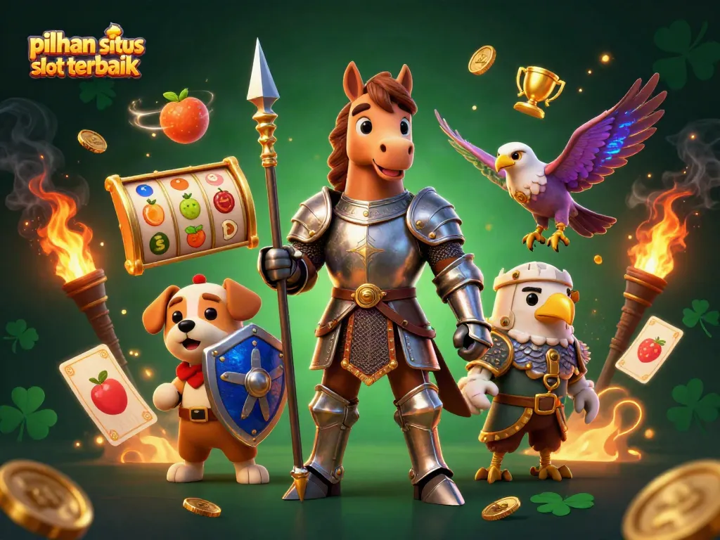 Gambar ilustrasi 3D slot dengan karakter ksatria, pengiring, dan elang, mewakili pilihan situs slot terbaik