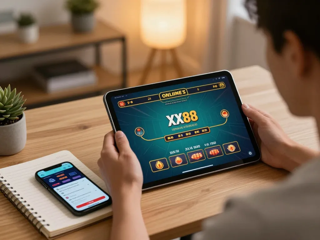 Player enjoying a live dealer experience on XX88 app from home, showcasing strategic online gaming