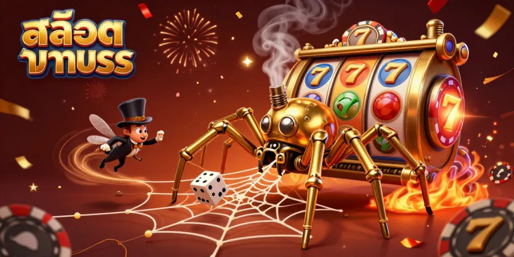 Experience the excitement of สล็อตทดลอง with a steampunk spider catching unlucky dice in a vibrant casino scene.