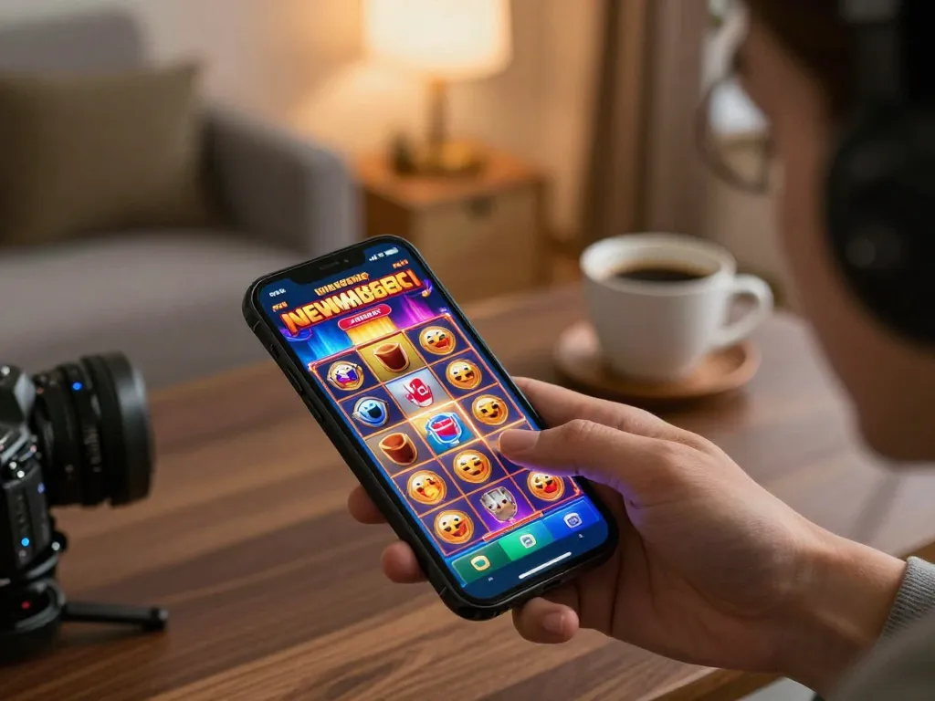 Engaging gameplay showcasing bonus new member promotion on smartphone, highlighting online slot excitement in a cozy home