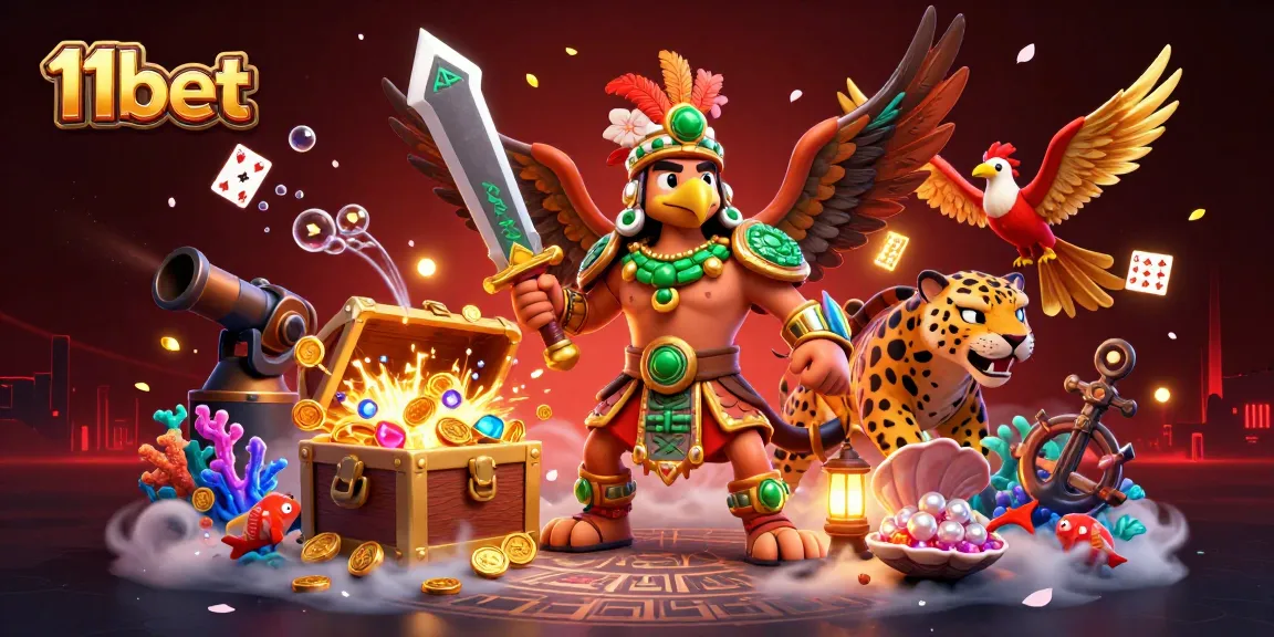 Experience the thrill of 11bet with an Aztec warrior and treasure in this vibrant 3D casino scene.