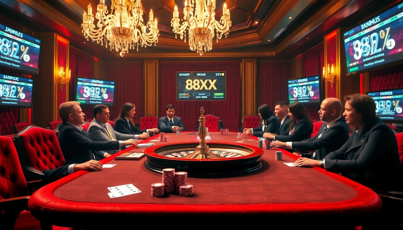 Players engaging vigorously at a poker table in a luxurious casino, highlighting excitement and strategy at 88xx.