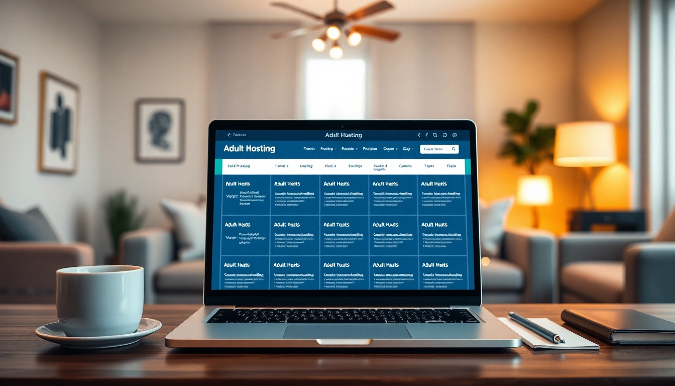 Showcase of adult hosting services on a laptop screen in a modern office.