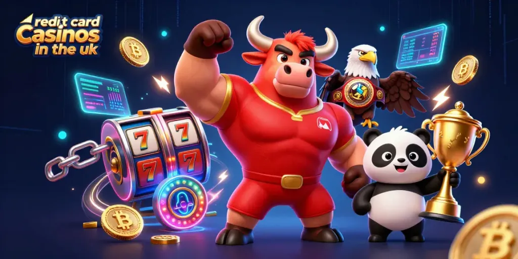 Engage with exciting credit card casinos in the UK, featuring vibrant characters and slot elements.