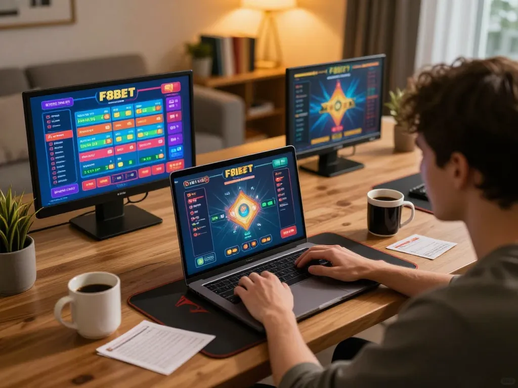 Engaging with F8BET online casino on a laptop, showcasing immersive gameplay and home comfort