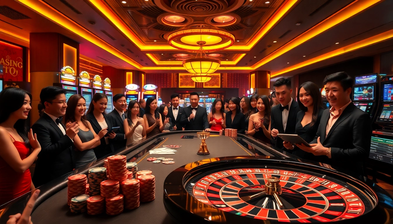 Professional players placing bets at Nhà cái uy tín hàng đầu châu Á with vibrant poker chips and live dealer tables