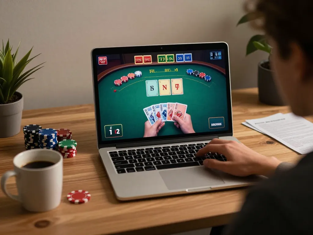 Bermain blackjack foya888 di laptop modern dengan suasana kantor rumah yang nyaman.