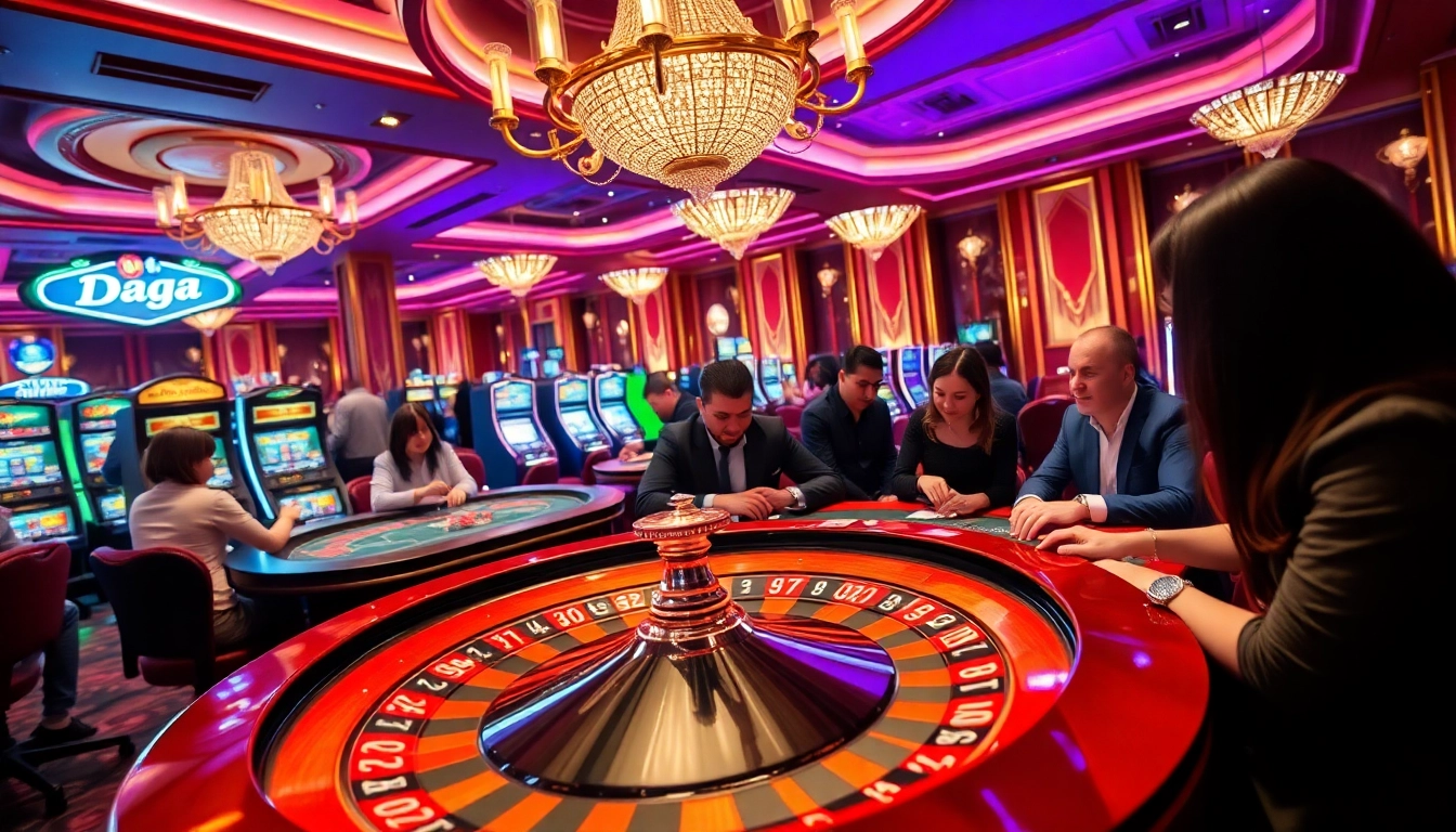 Daga players engaging in an exciting casino atmosphere with dazzling roulette and poker tables.