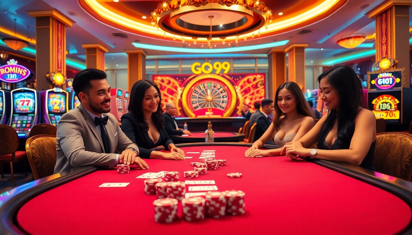 A thrilling Go 99 casino scene captures players at a vibrant gaming table with chips and cards.