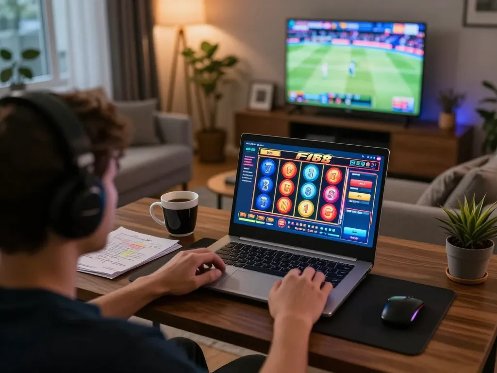 Player engaging in F168 online gaming with vibrant interface and cozy atmosphere