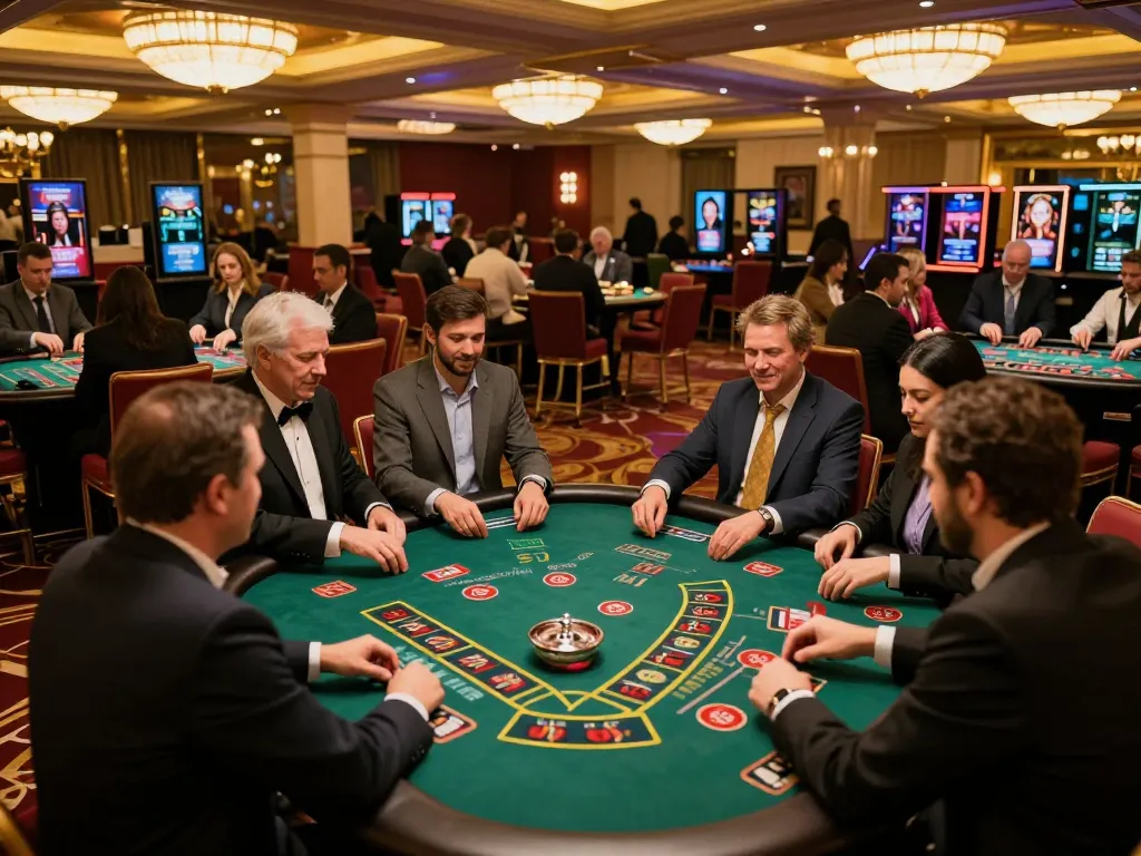 Casino Go8 players strategizing and betting at vibrant blackjack and roulette tables while enjoying the luxurious atmosphere.