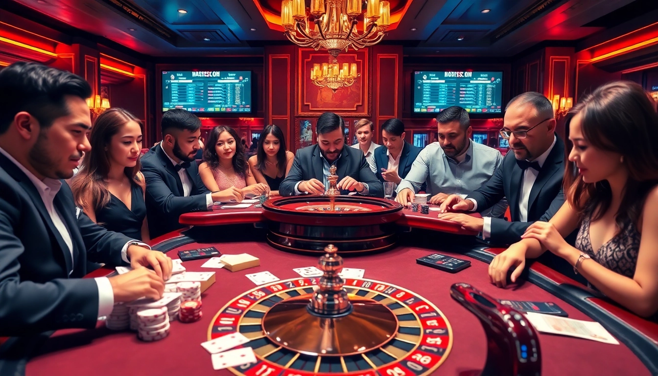 Engaging scene of kèo nhà cái 5 betting at a luxurious casino table with cards and roulette.