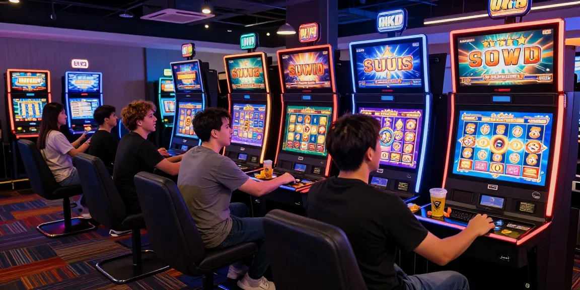 Excited players enjoying the vibrant OSAKA88 slot experience in an energetic gaming lounge.